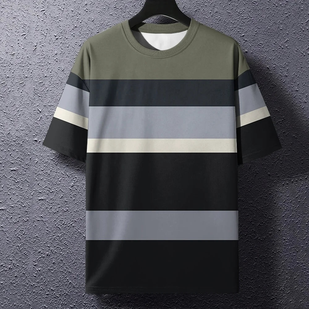 Summer Men's T-Shirt Stripe Print Crew Neck Pullover Business Casual Short Sleeve Tops Men's Casual Oversized Tees Fashion Tops