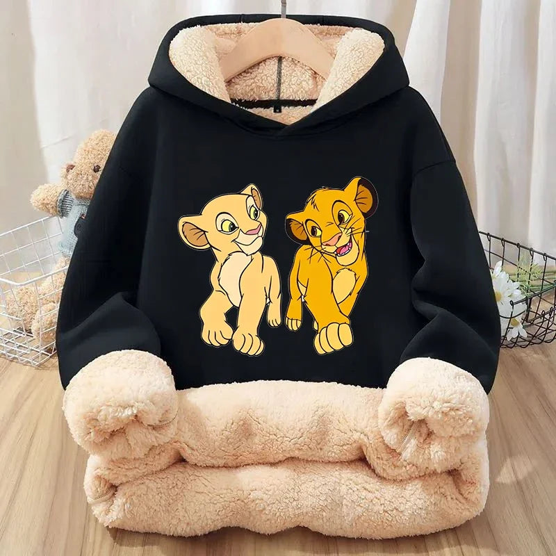 Mufasa Lion King Baby Sweatshirt Thickened Fleece Hoodie Boys Child's Anime Long Sleeve Winter Warm Cashmere Hooded Tops Clothes