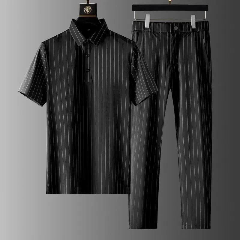 2024 Summer New Fashion Striped Ice Silk Suit Men's Casual Relaxed Comfortable Breathable High Quality Plus-Size Two-Piece Set