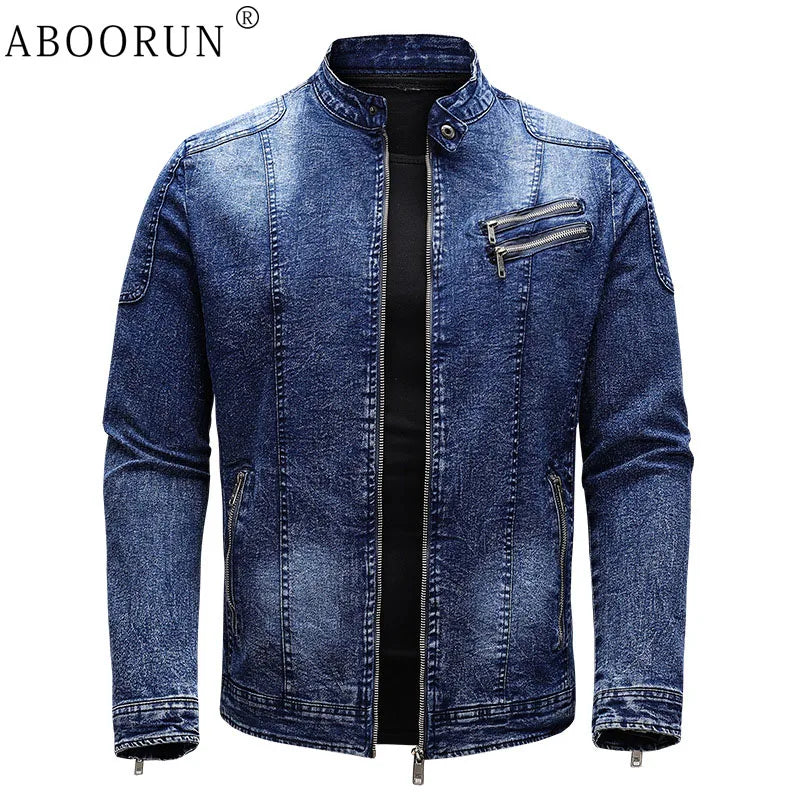 ABOORUN Fleece Denim Jacket Men Streetwear Motorcycle Biker Coats Slim fit Jackets Male Clothes