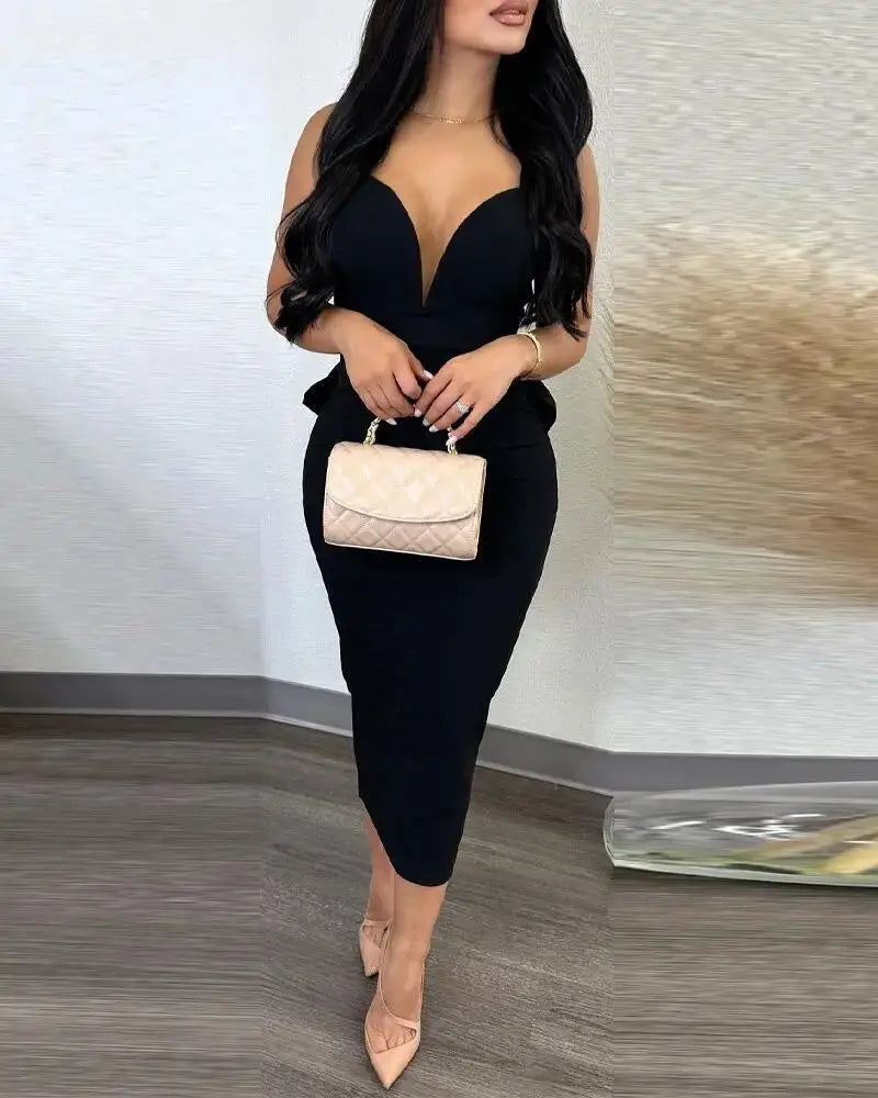 European V Neck Strap Solid Bodycon Dress Summer Casual Female Party Sexy Dresses Vestidos