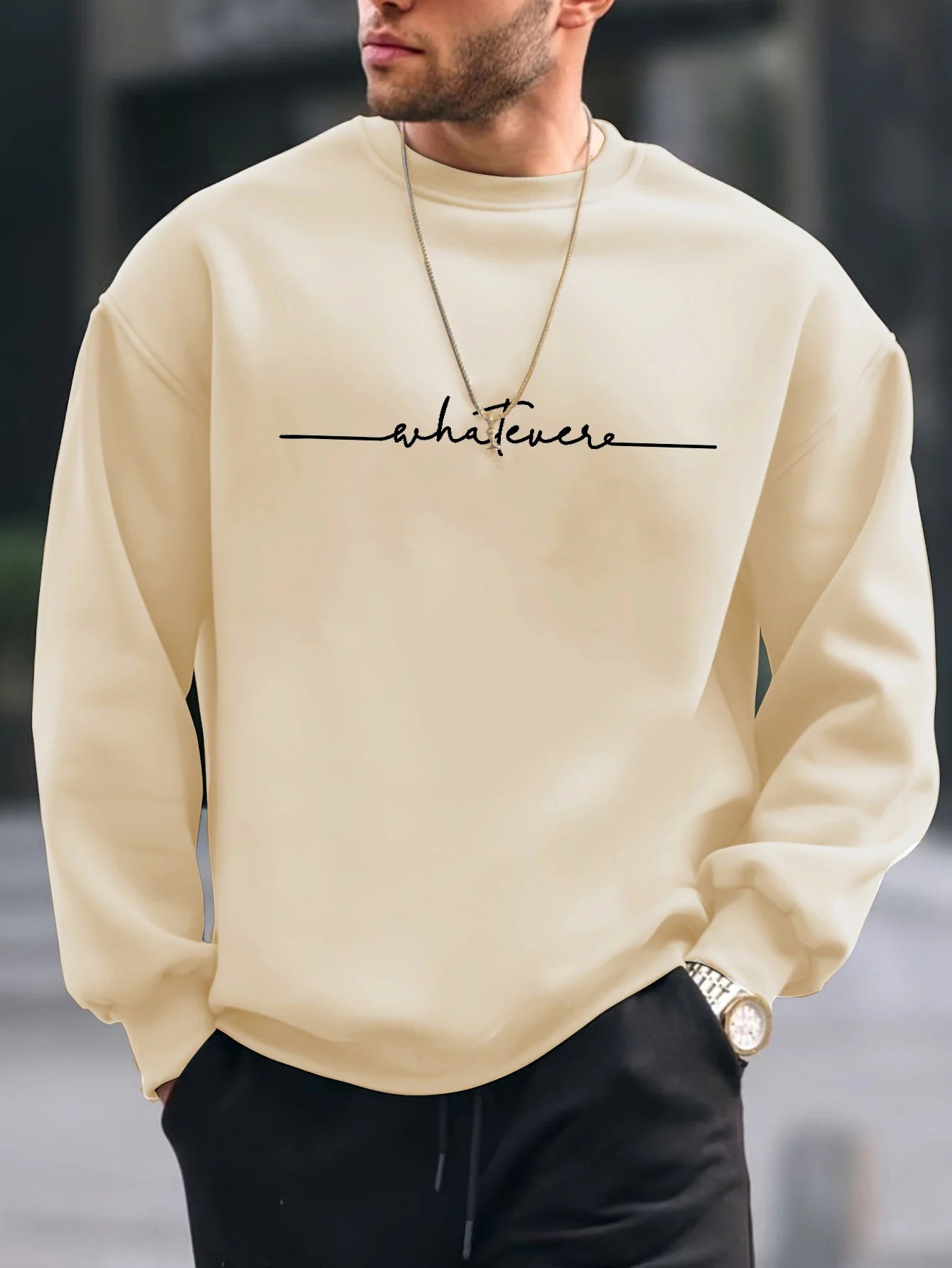 Men's autumn and winter fashionable casual loose and simple letter printed fleece pullover round neck long sleeved sweatshirt