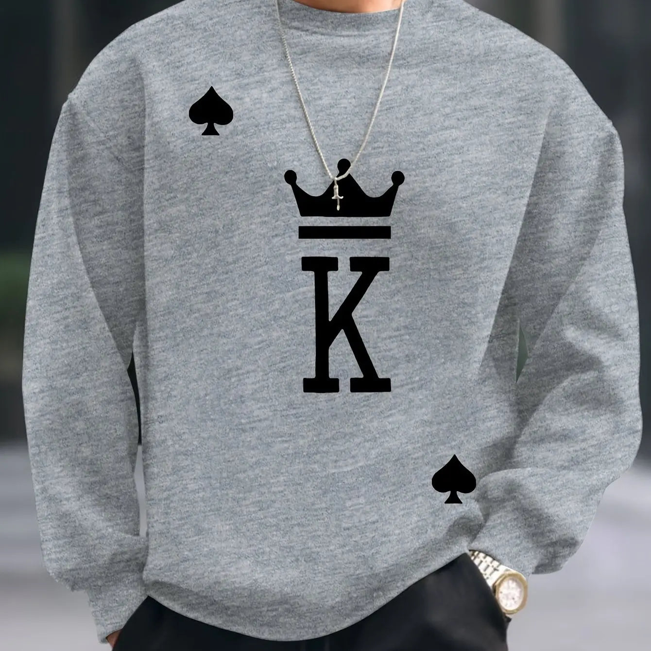 Men's autumn and winter fashionable casual loose oversized KING printed fleece pullover round neck long sleeved sweatshirt