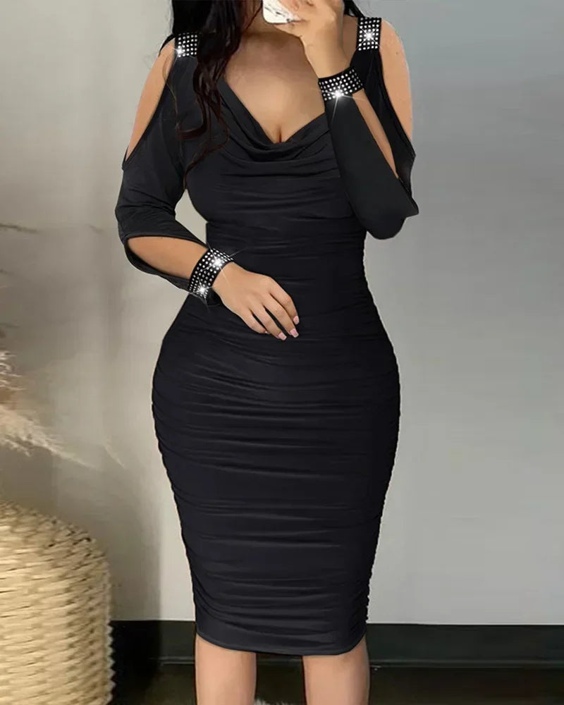 Lady Midi Dress Sexy Elegant Off Shoulder Party Dresses Women Rhinestone Cold Shoulde Long Sleeve Stacked Slim Dress Bodycon