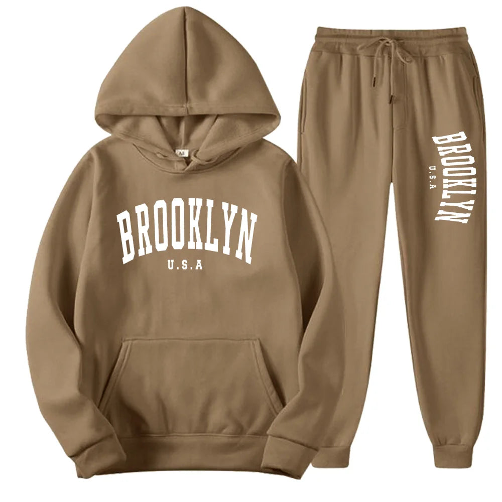 BROOKLYN USA Autumn Winter Popular Mens Tracksuit Zipper Hooded Sweatshirt Suit Casual Warm Jacket Coat+Jogging Sweatpants