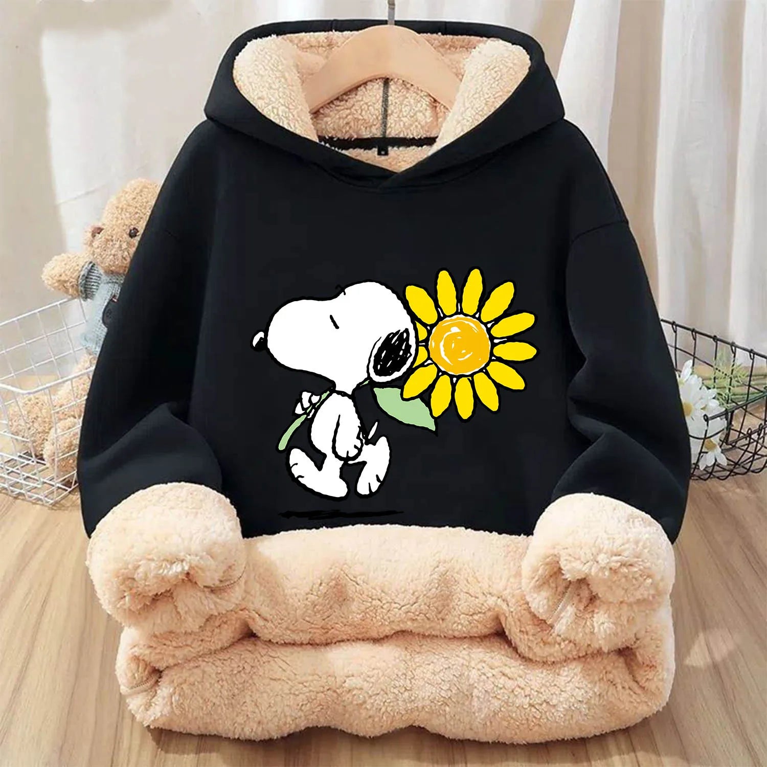 Snoopy Fleecing Hoodie for Adult Cute Cartoon Sweatshirt New Warm Winter Coat Black Fleece Clothing Fashion Thick Clothes Gift