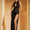 Fantoye Sexy Hollow Out High Slit Lace Women Maxi Dress Black See Through Evening Dress Female Autumn New Elegant Party Clubwear