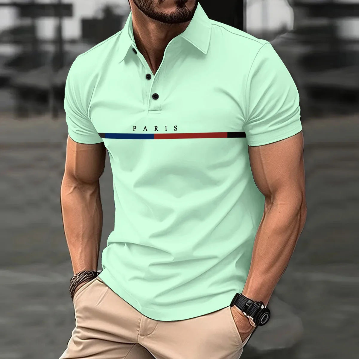 New Men's Classic Short Sleeve PARIS Letter Polo Shirt Summer Top Casual T-Shirt Lapel Button Polo Shirt