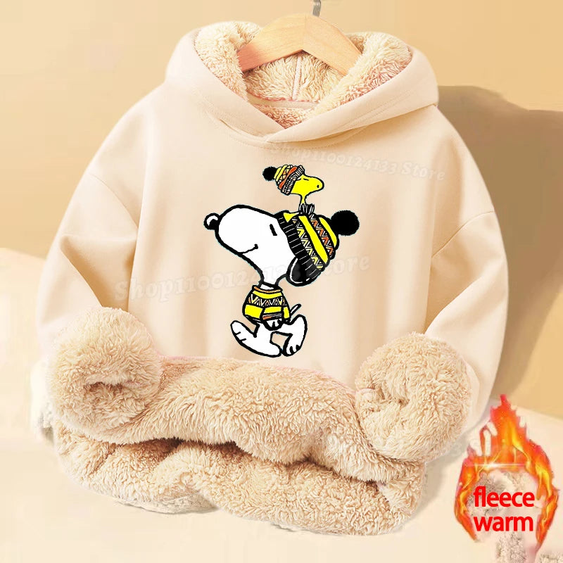 Snoopys Baby Sweatshirt Thickened Fleece Girl Hoodie Cartoon Clothes Long Sleeve Winter Warm Cashmere Hoodie Tops Jacket Kid New