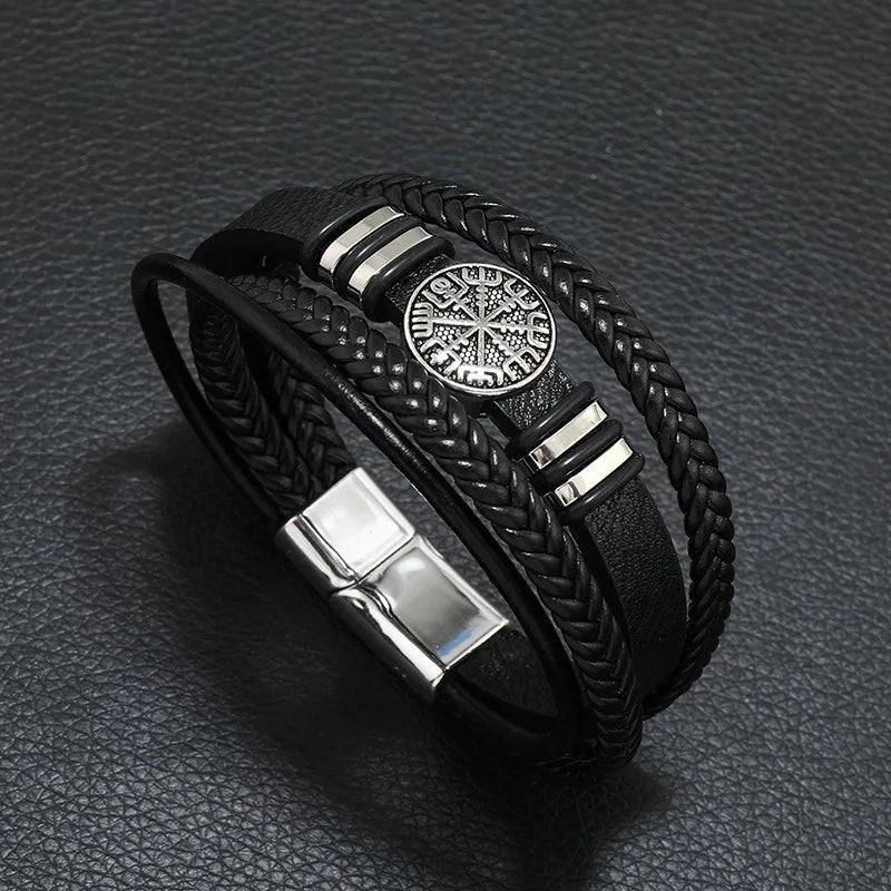 Fashion Trendy Men Leather Bracelets Fashion All-match Multi-layer Braided Leather Bracelets Scripture Compass Devil Eye