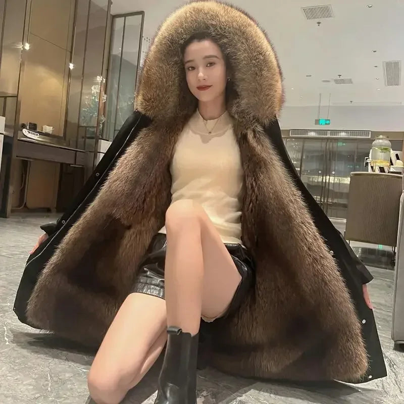 Winter Warm Coat Fox Fur Jacket 2023 New Hooded Black Imitation Fur Woman Parkas Mulher Parkas Women's Jacket Red Fur Coats