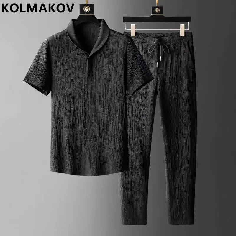 Summer New Men's Classic Solid Color Sports Suit Men's Casual Loose Large Size Breathable High-Quality Two-Piece Set M-4XL