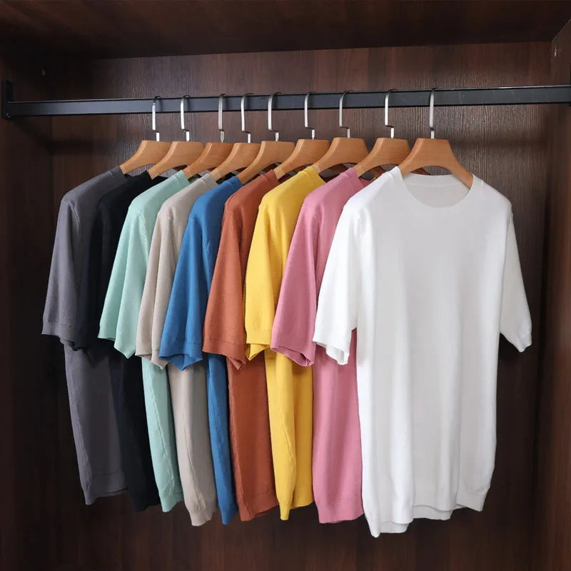 Superfine Merino Cashmere T Shirt Men's Knitted O-neck Breathable Thin Cashmer Short Sleeve Tee Solid Color Tops Tee