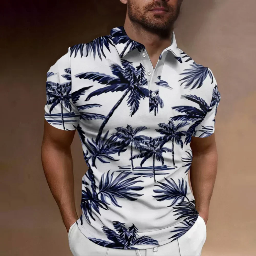 New Men's Polo Shirt Coconut Tree Print Tops Hawaiian Casual Shirt Oversized Lapel Short-Sleeved T-Shirt Outdoor Travel Clothing