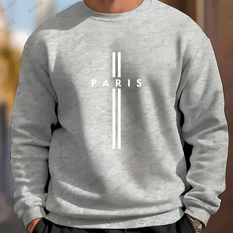 Paris Letter Printed Men's Round Neck Long Sleeved Sweatshirt Outdoor Sports Fashion Hoodless Sweatshirt Casual Oversized Hoodie