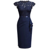 Women's Elegant Floral Lace Ruffle Cap Sleeve Cocktail Party Knee Length Dress