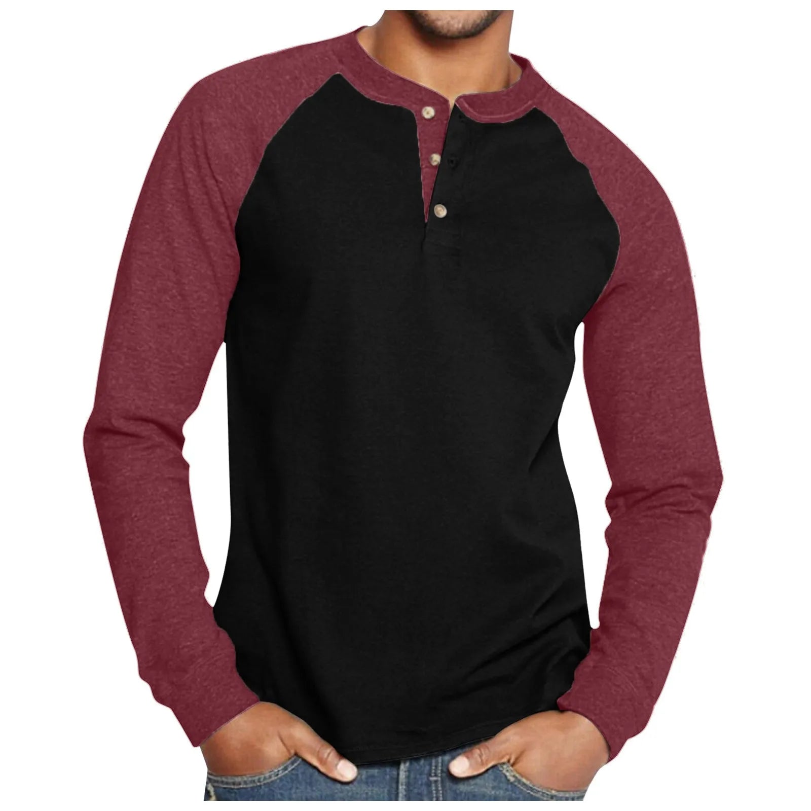 Men'S Autumn Fashion T Shirt Long Sleeve Matching Color Round Neck Button Decoration Vintage Polyester Cotton Pullover Tops