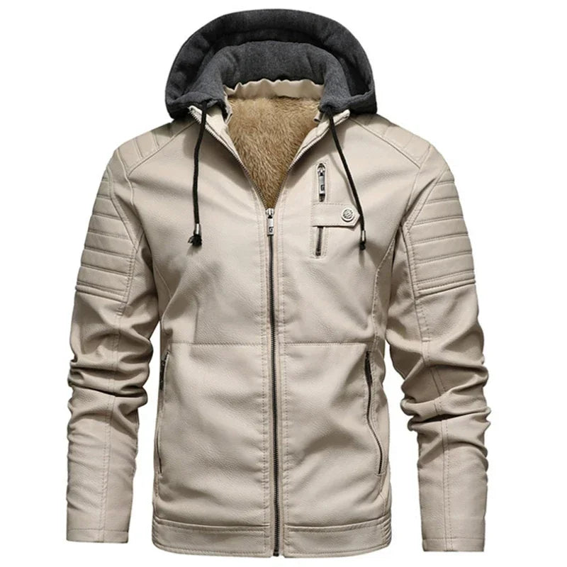 Men's Fleece Liner PU Leather Jackets Coats with Hood Autumn Winter Casual Motorcycle Jacket for Men Windbreaker Biker Jackets