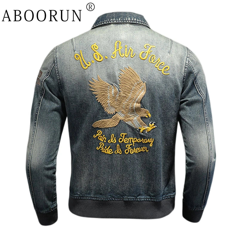 ABOORUN Men Denim Jackets Fashion Eagle Embroidery Jean Coats High Quality Outerwear for Male