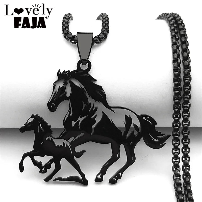 Big Horse With Pony Pendant Necklace for Women Men Stainless Steel Animal Running Horse Hollow Necklaces Jewelry Birthday Gifts