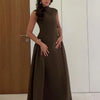 Elegant High Collar A-line Maxi Dress For Women Fashion Solid Pleated Slim Long Dresses New Lady Evening Party Prom Gowns