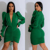 Puff Sleeve V Neck Pleated Mini Dress Lady Sexy Party Bodycon Evening Dresses Women Elegant Luxury Birthday Club Dresses