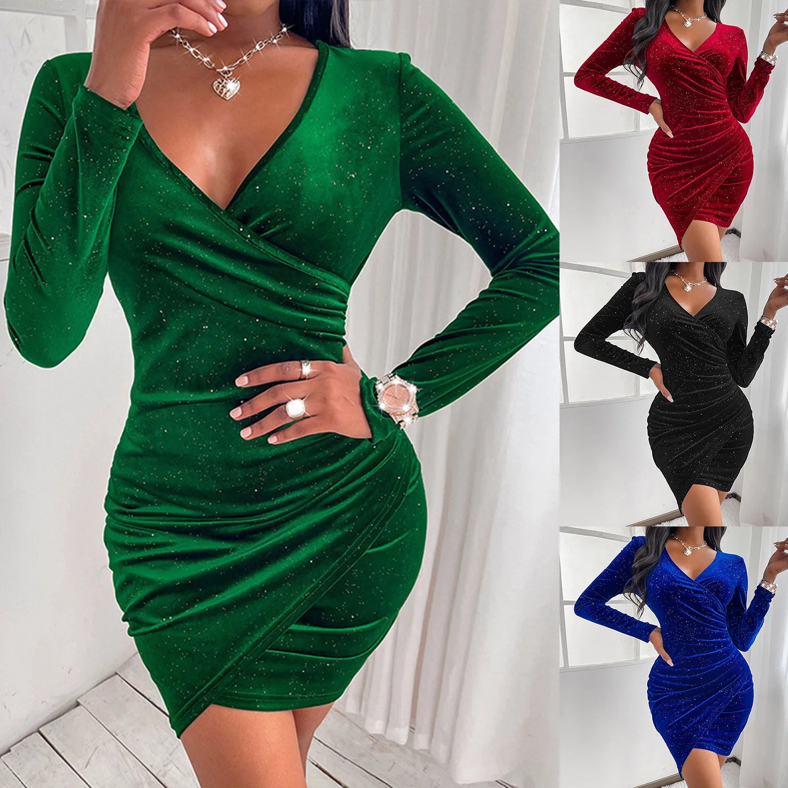 Elegant Velvet Party Dress for Women V Neck Long Sleeve Shiny Solid Color Bodycon Ruffle Wrap Dress Sexy Short Evening Dress