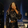 Sequins Hollow Out Mini Dress Woman Fashion Long Flare Sleeve Slim Glitter Dresses High Street Evening Party Club Mini Vestido