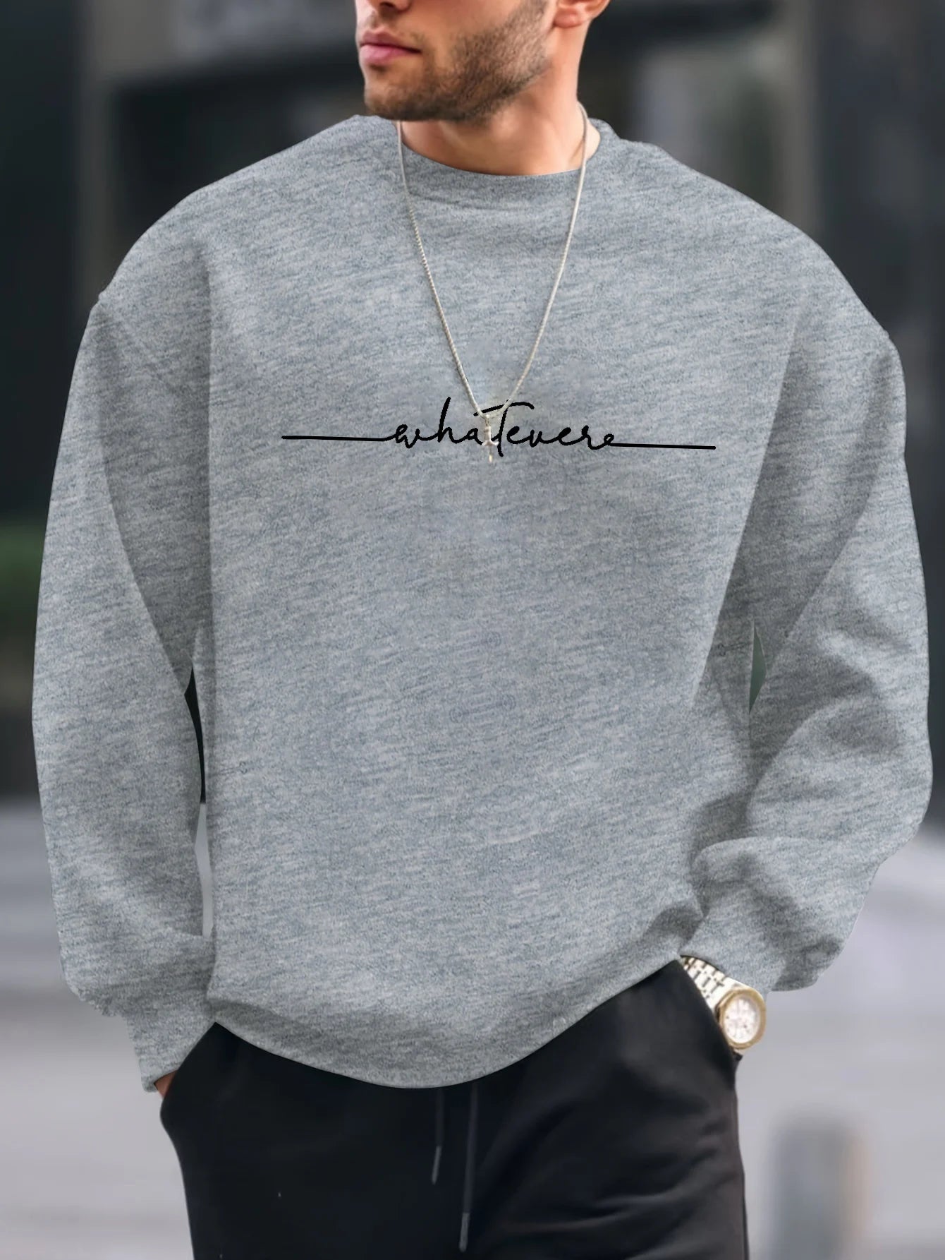 Men's autumn and winter fashionable casual loose and simple letter printed fleece pullover round neck long sleeved sweatshirt