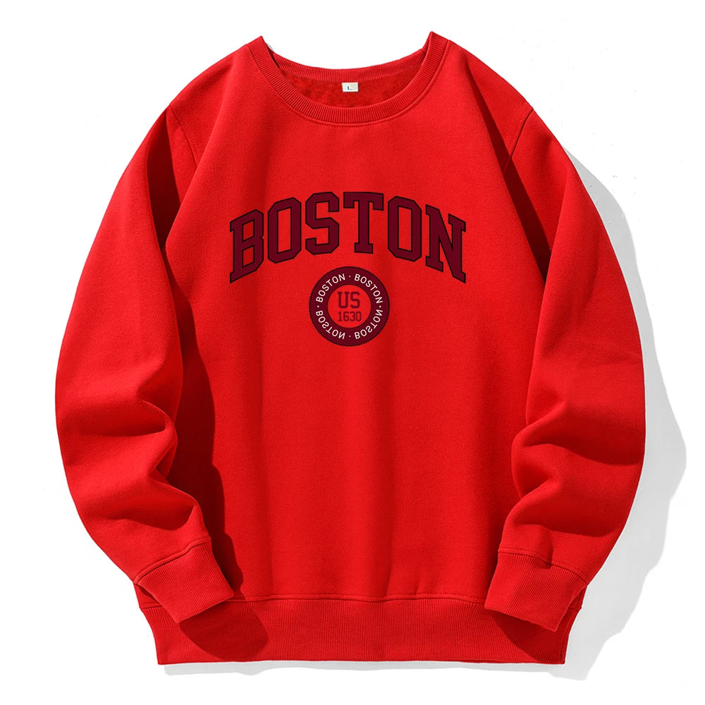 Boston City Us Founded In 1630 Men Hoody Warm Fleece Crew Neck Tracksuit Fashion Classic New Hoodie Sports Street Loose Hoodies