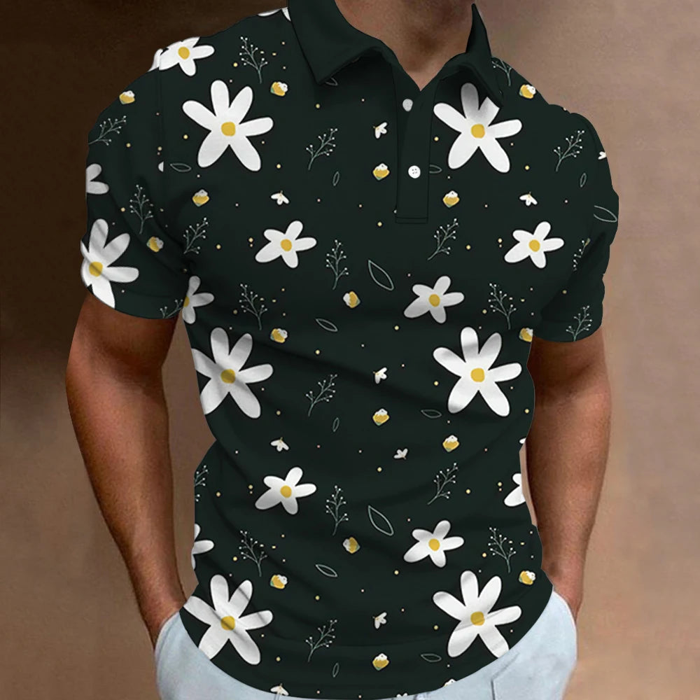 Men's Polo Shirt Summer Street Casual Short Sleeve Flower Print Buttons Tops Fashion Pullover Oversized Clothing Male Golf Wear