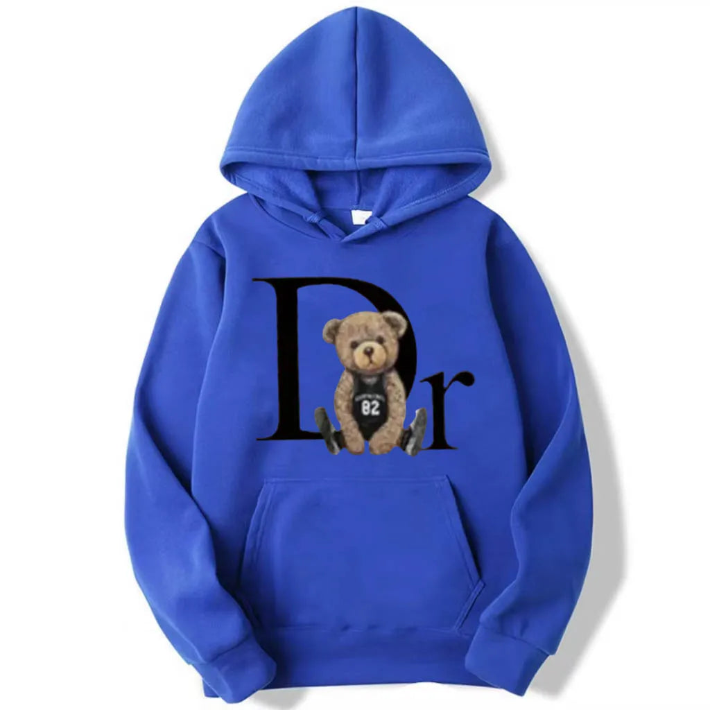 Autumn Winter Neutral Letter Bear Printed Hoodie Men's Casual Hoodie Loose Street Wear Skateboarding Single Color Man Clothing