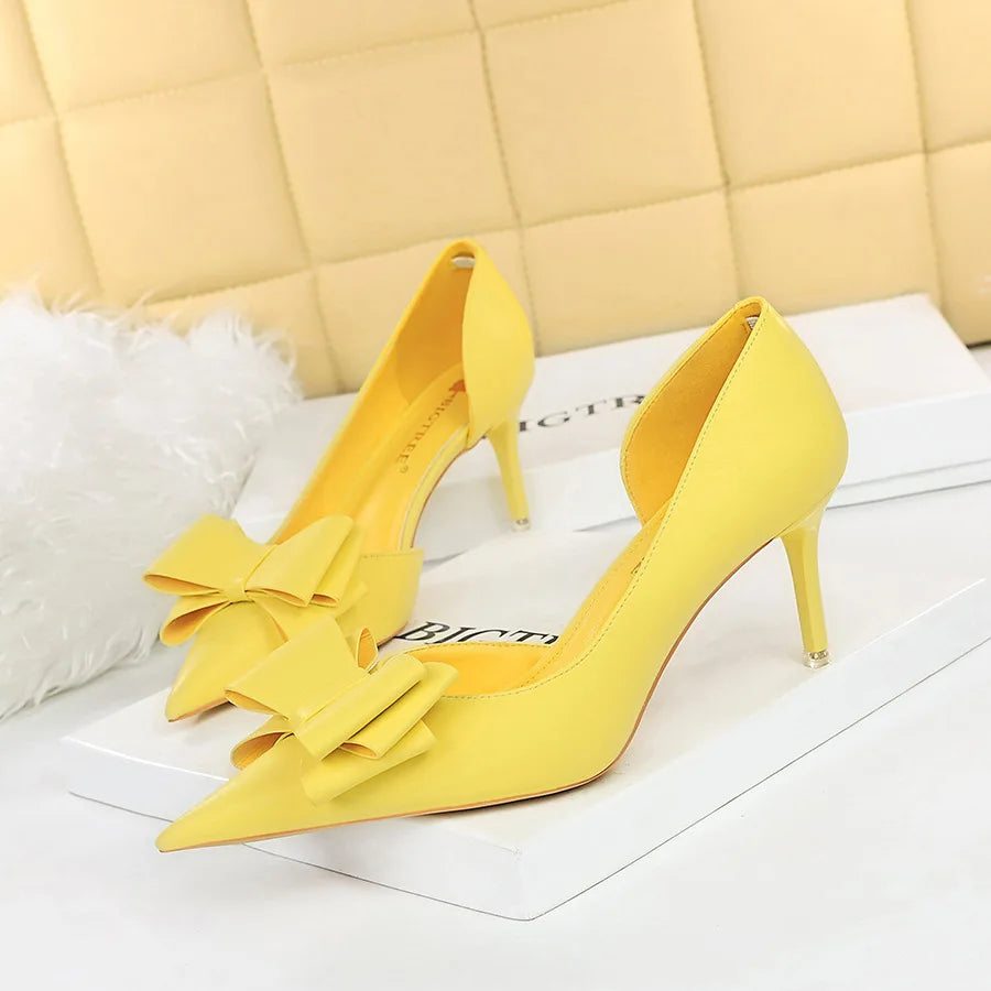 Korean Fashion Women's Shoes Wedding Bow High Heels Stiletto Heels Shallow Pointed Head Side Empty Thin Shoes