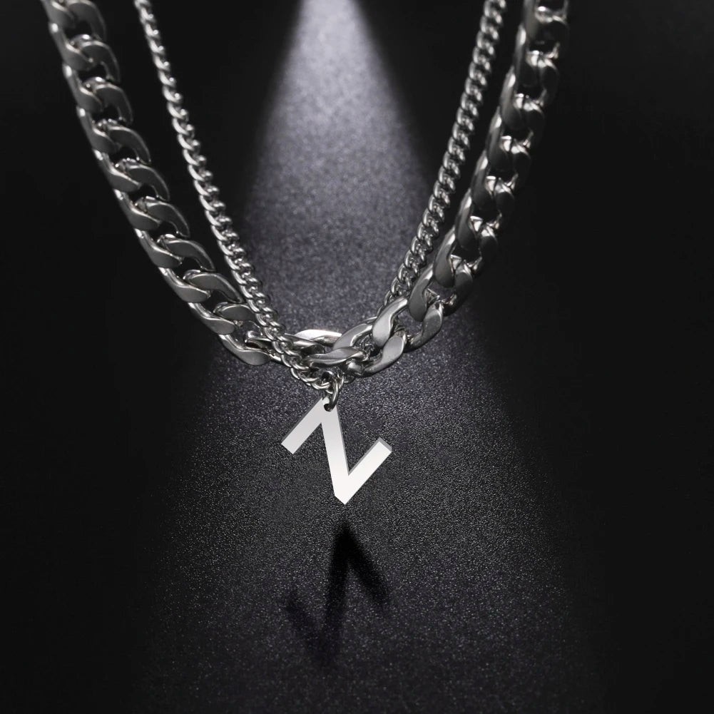 Stainless Steel Double Layer Necklaces for Men Women Simple 26 Letter Pendant Necklace Fashion Women's Jewelry for Party Gift