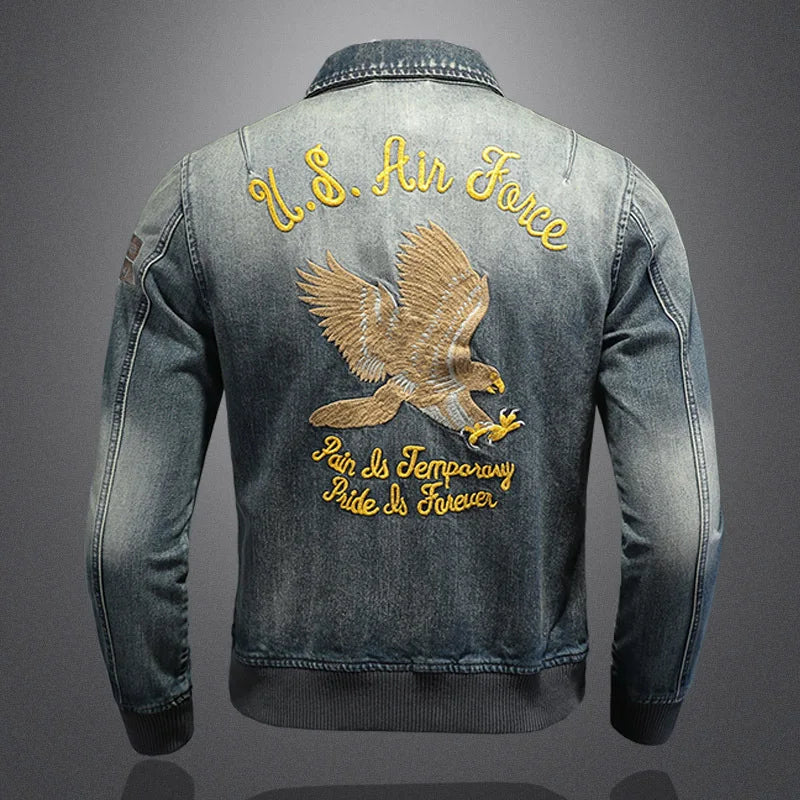 ABOORUN Men Denim Jackets Fashion Eagle Embroidery Jean Coats High Quality Outerwear for Male