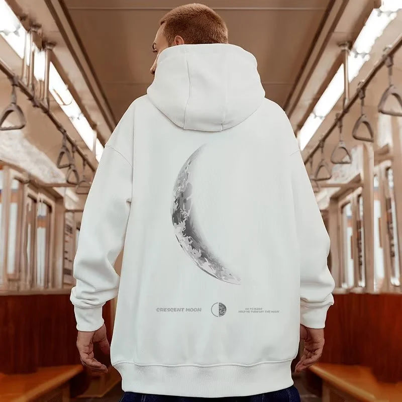 M-8XL American Style Street Crescent Print Oversized Hoodie Long-sleeve Loose Hoodie Student's Large Soft Velvet Hooded Sweater