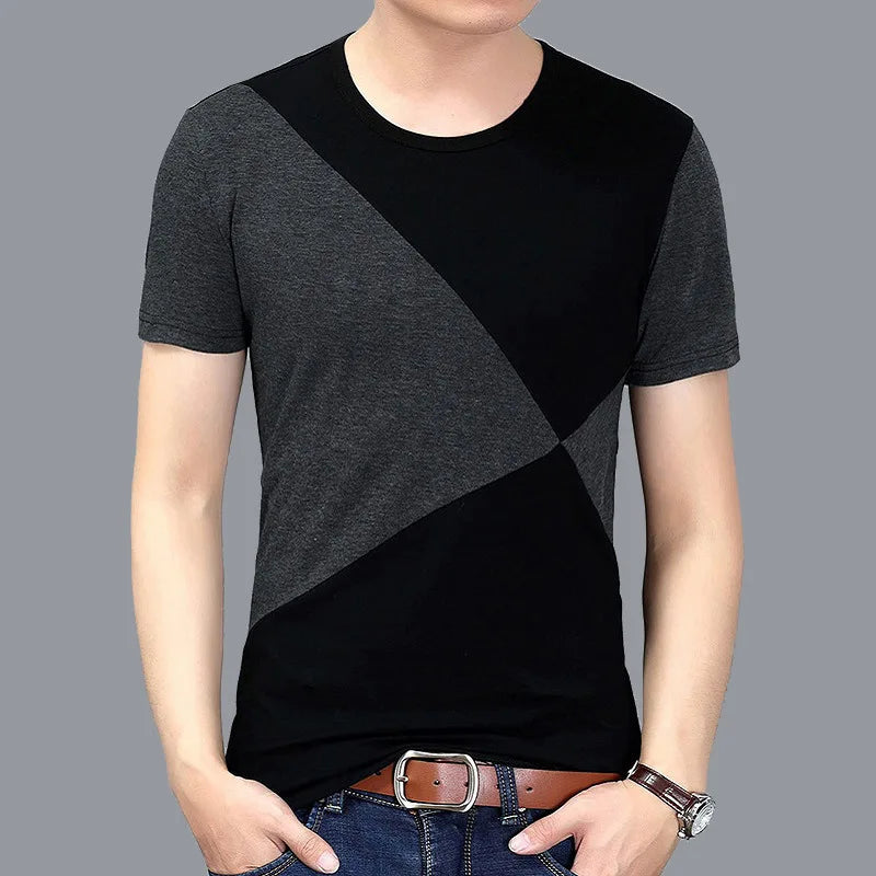 Summer Men's Short Sleeved T-shirt Short Sleeved T-shirt Plus Size Men's Contrasting Color Patchwork T-shirt