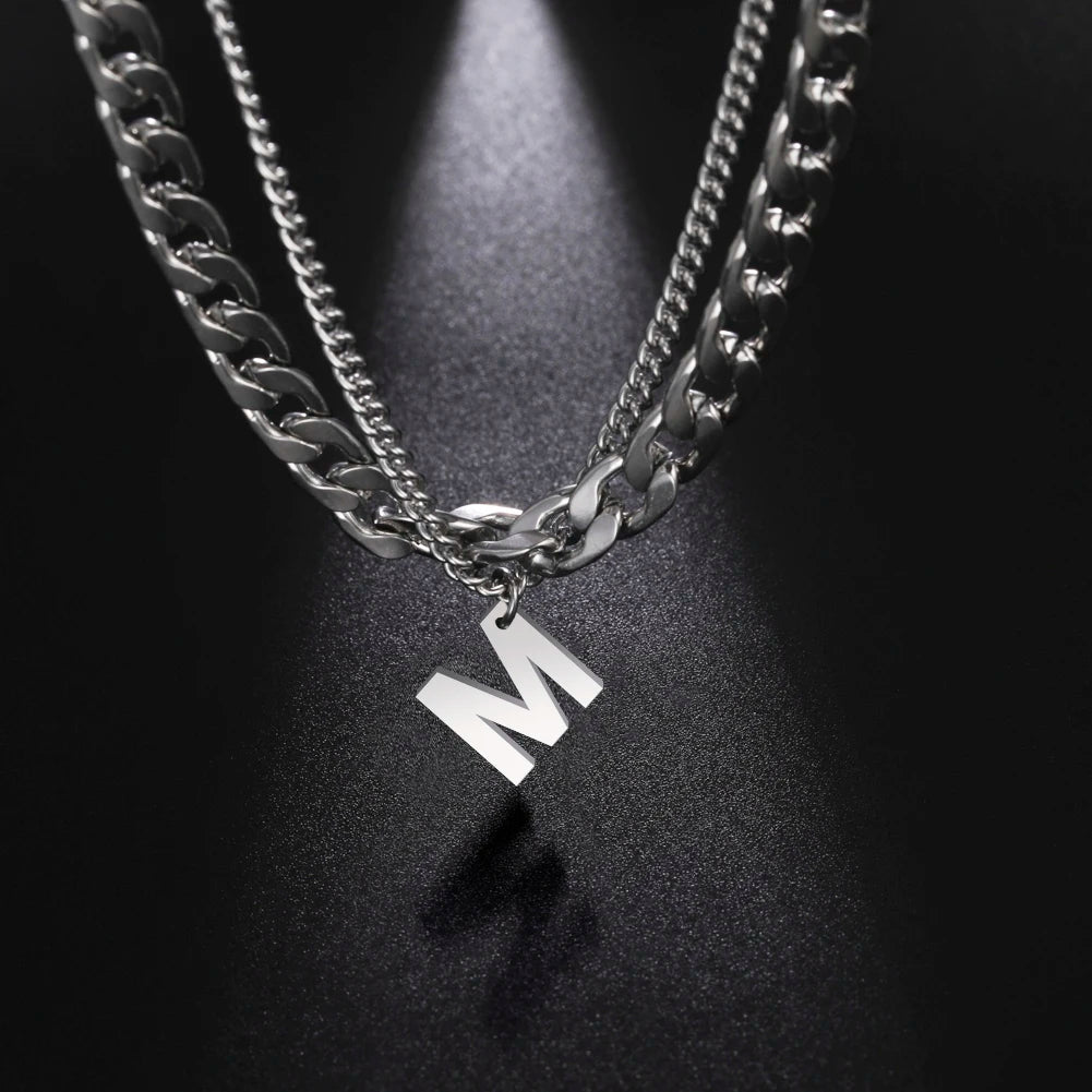 Stainless Steel Double Layer Necklaces for Men Women Simple 26 Letter Pendant Necklace Fashion Women's Jewelry for Party Gift