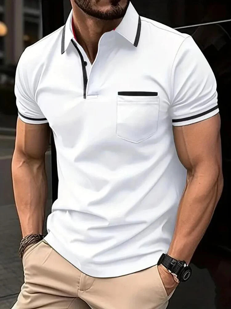 Men's casual fashion solid color short sleeve top lapel men's short sleeve T-shirt Casual fashion solid color top short sleeve