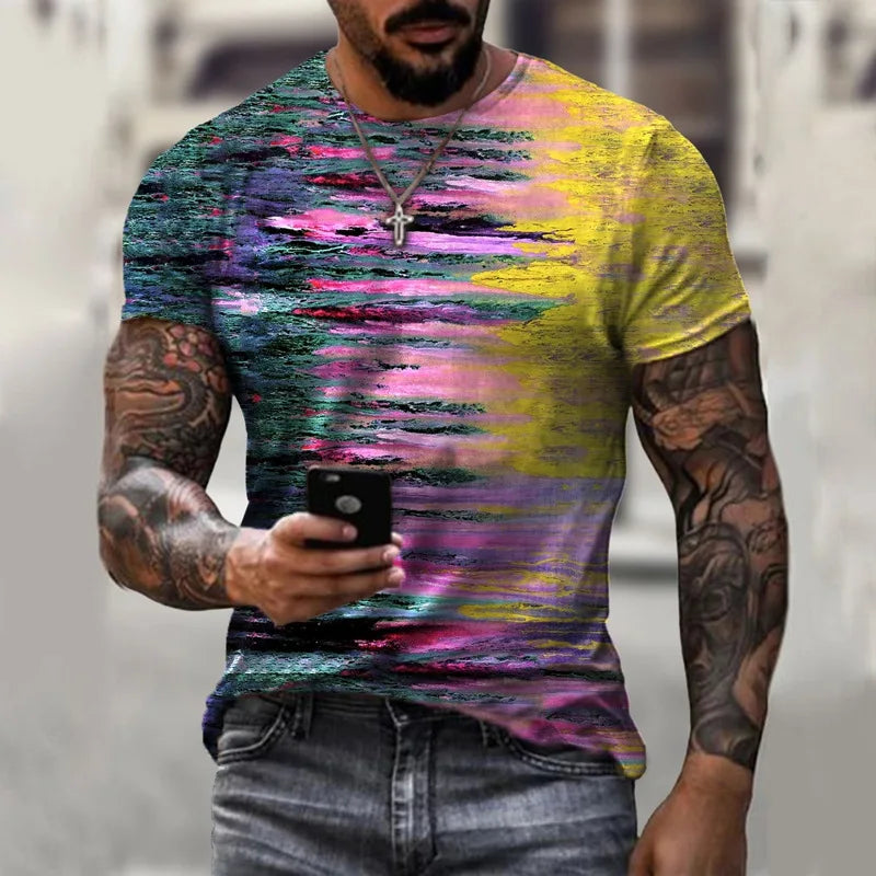 Vintage Men's T Shirts Personality Color Stripe Printed Fashion  O-Neck Short Sleeve Oversized t shirt  Breathable Streetwear