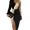 Luxury High Waist Party Evening Midi Dresses for Women 2022 Elegant Black Gold Sequins Patchwork Long Sleeve Prom Slit Dress