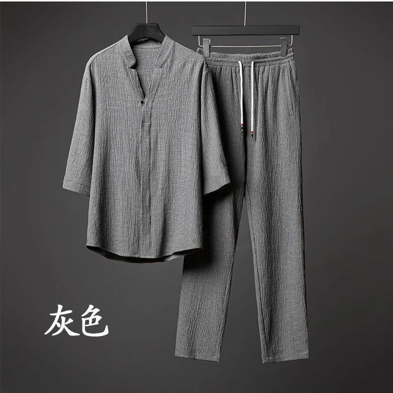 Summer New Men's Fashion Solid Color Two-Piece Men's Casual Loose Comfortable Breathable High-Quality Plus Size Suit M-4XL