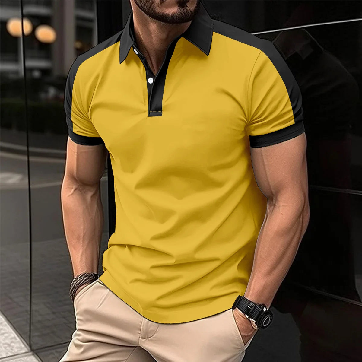 Amazon New Cross-border Men Casual POLO Shirt Fashionable Lapel Button Business Color Matching Versatile T-shirt Top