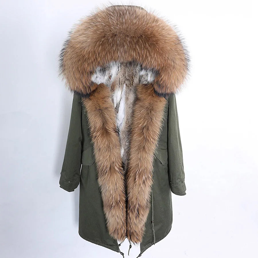 MAOMAOKONG NEW Women's winter coats fur coat Natural real raccoon fur collar jackets Rabbit lining parka Female X-Long