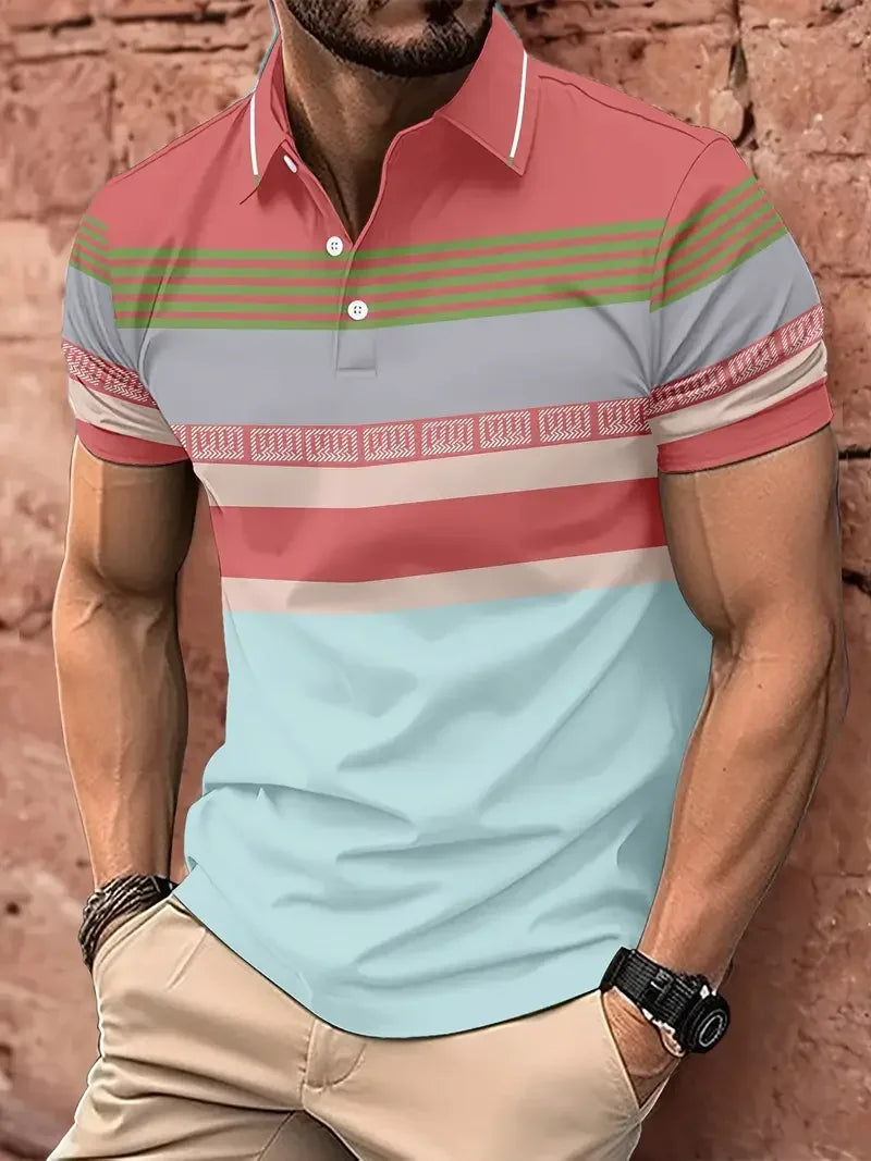 Men's Polo T-Shirt Streetwear Fashion Stripe Printing Summer New Short Sleeves Button Tops Oversized Casual Golf High-quality