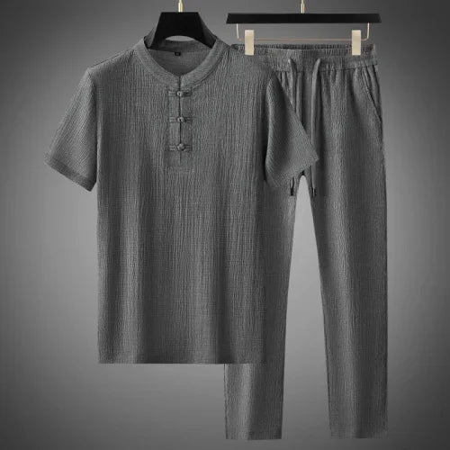 Minglu Summer Sports Casual Men's Sets Luxury Short Sleeve Round Collar Solid Color Elastic Waistband Pants Male Tracksuits