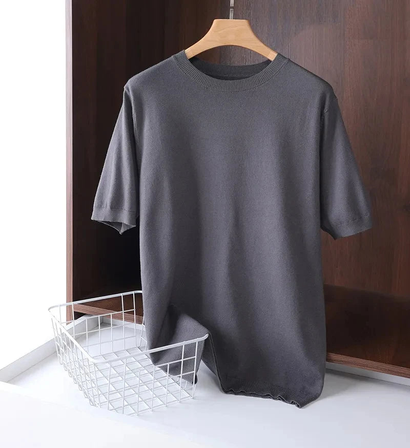 Superfine Merino Wool T Shirt Men's Knitted O-neck Breathable Thin Cashmer Short Sleeve Tee Solid Color Tops