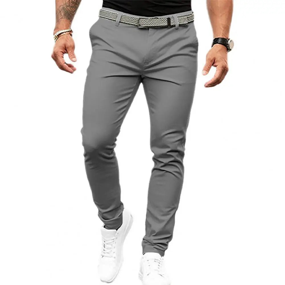 Slim Fit Suit Pants Solid Color Trousers Slim Fit Men's Business Office Trousers with Slant Pockets Zipper Fly for Workwear