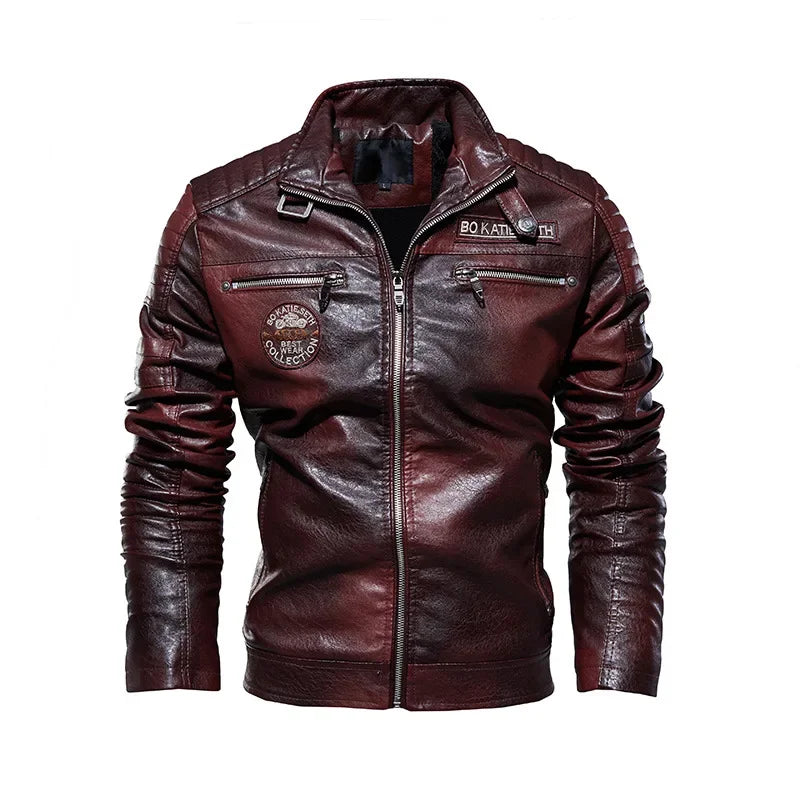 Motorcycle Leather Jacket Autumn Casual Patchwork Vintage Overcoat Biker PU Embroidery Bomber Zipper Fleece Jackets Male