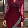 Sensual V-Neck Elegant Long-Sleeve Dress with Mesh & Sequins Patchwork Showcasing Feminine Charm